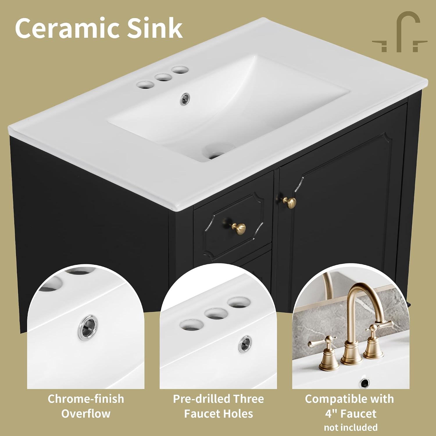 30' Bathroom Vanity with Sink, Harper & Bright Designs Free Standing Single Vanity Set with 3 Drawers and One Door with Storage Racks, Solid Wood Storage Cabinet with Ceramic Basin for Bathroom, Black