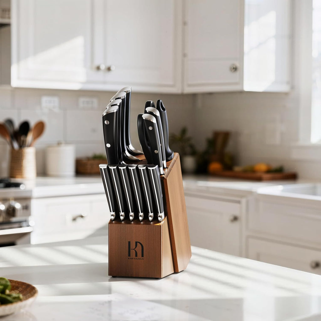 KnifeSaga Knife Set, 15 Pcs Kitchen Knife Block Sets with Sharpener, Japanese High Carbon Stainless Steel Set of Knives, Premium Razor Sharp Black Knives Set with Block for Kitchen, Ergonomic Handle