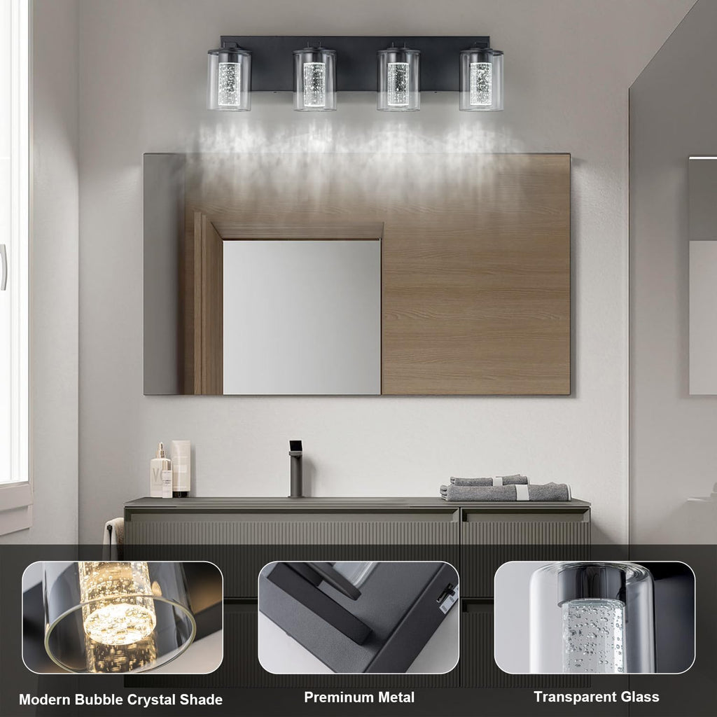 SineRise Black Vanity Light (4-Light, 24-Inch), (3000K/4000K/6000K, Dimmable), Eye Protection LED Bathroom Light Fixture, Modern Wall Light Over Mirror with Clear Glass Shade