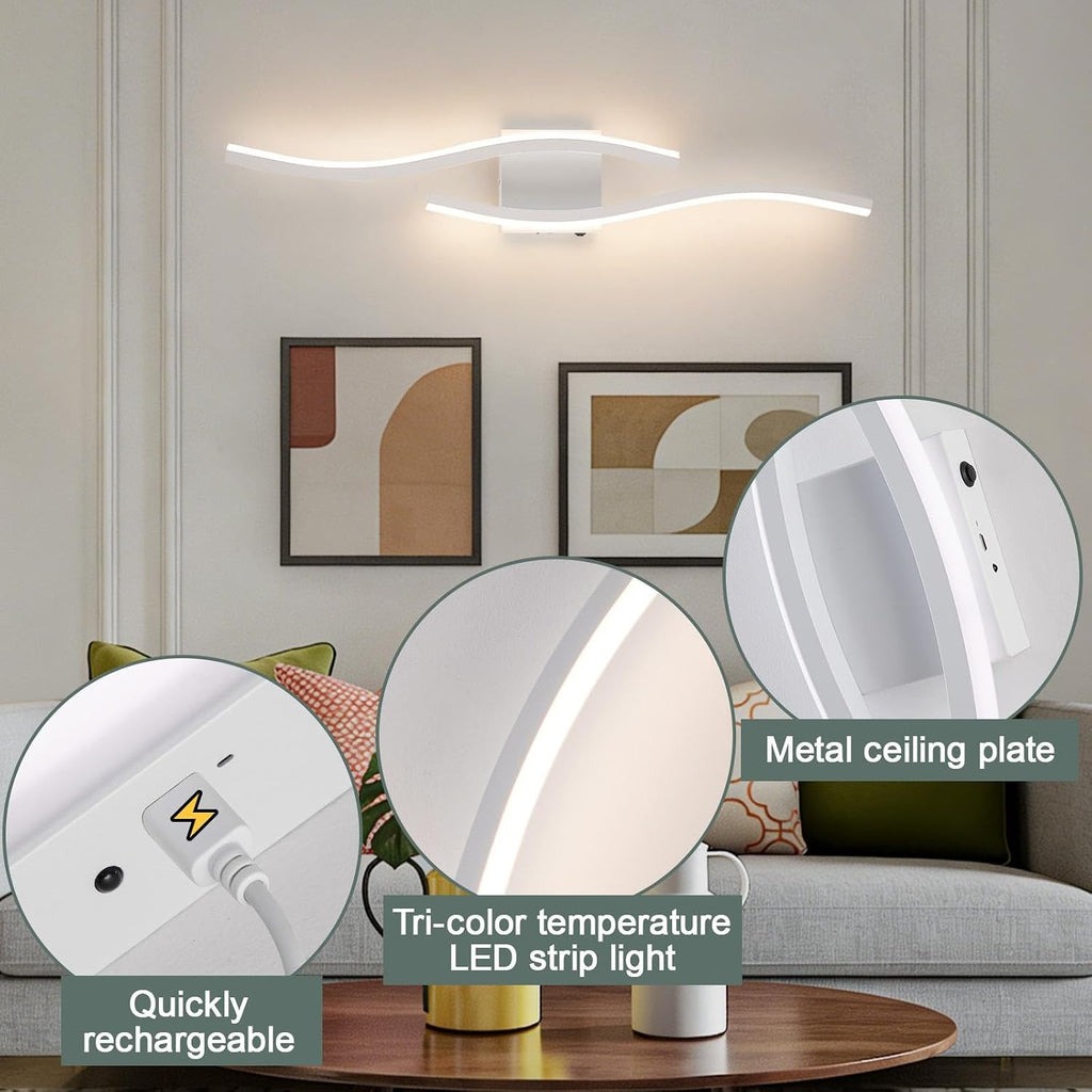 Modern LED Wall Sconce Set of Two, Dimmable Battery Powered Wall Sconces, 3000K-6500K LED Wireless Wall Light with Remote, Wall Lamp Indoor not Hardwired for Room Bedroom Corridor（White）