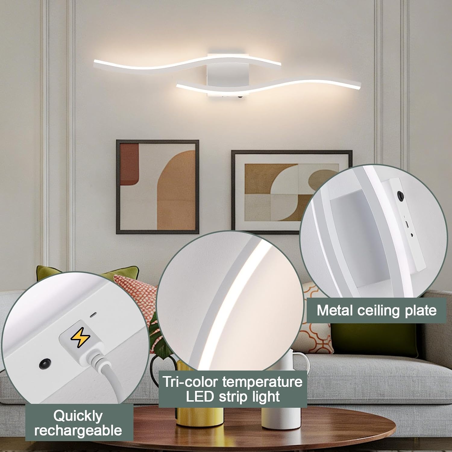Modern LED Wall Sconce Set of Two, Dimmable Battery Powered Wall Sconces, 3000K-6500K LED Wireless Wall Light with Remote, Wall Lamp Indoor not Hardwired for Room Bedroom Corridor（White）