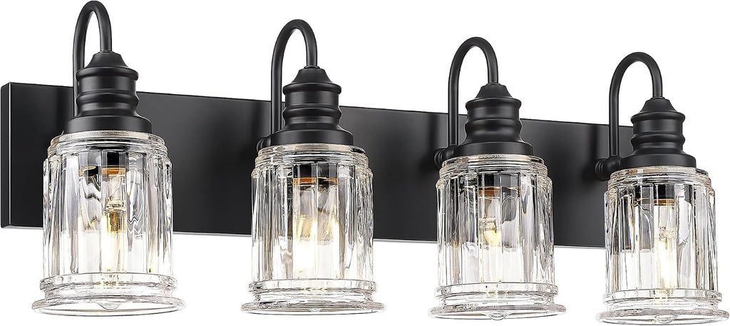 HWH 4-Light Bathroom Vanity Light, Wall Light Sconces for Bathroom, Dressing Table, Black Bathroom Mirror Wall Light with Bell-Shaped Clear Glass, Matte Black Finish, 5HZG106B-4W BK