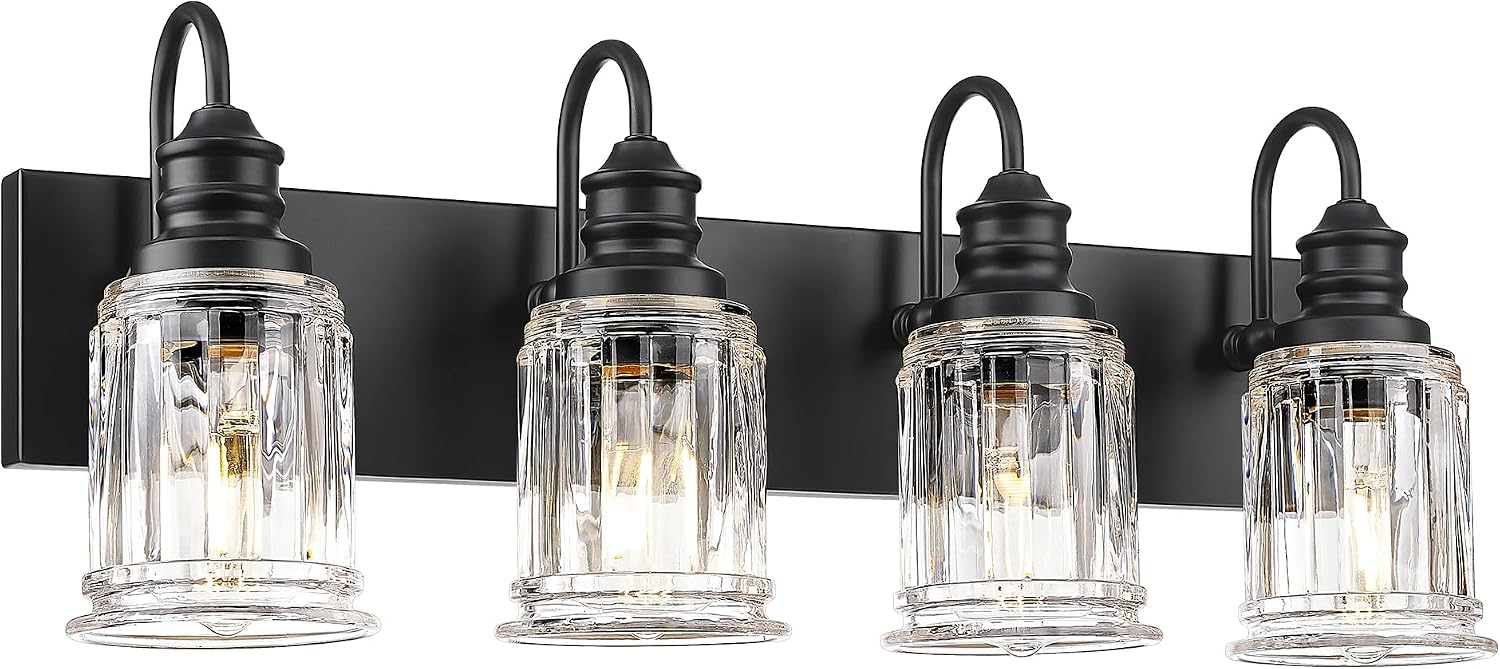 HWH 4-Light Bathroom Vanity Light, Wall Light Sconces for Bathroom, Dressing Table, Black Bathroom Mirror Wall Light with Bell-Shaped Clear Glass, Matte Black Finish, 5HZG106B-4W BK