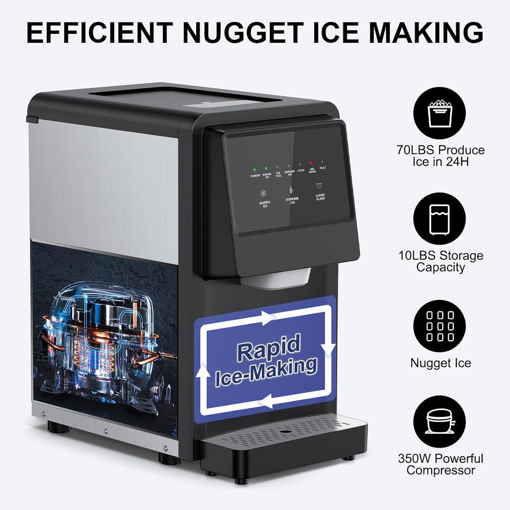 Nugget Ice Maker Countertop, Pellet Crushed Chewable Ice Cubes 70Lbs/24H Ice Dispenser Countertop Stainless Steel Ice Maker Machine with Self-Cleaning for Home Office Kitchen Party