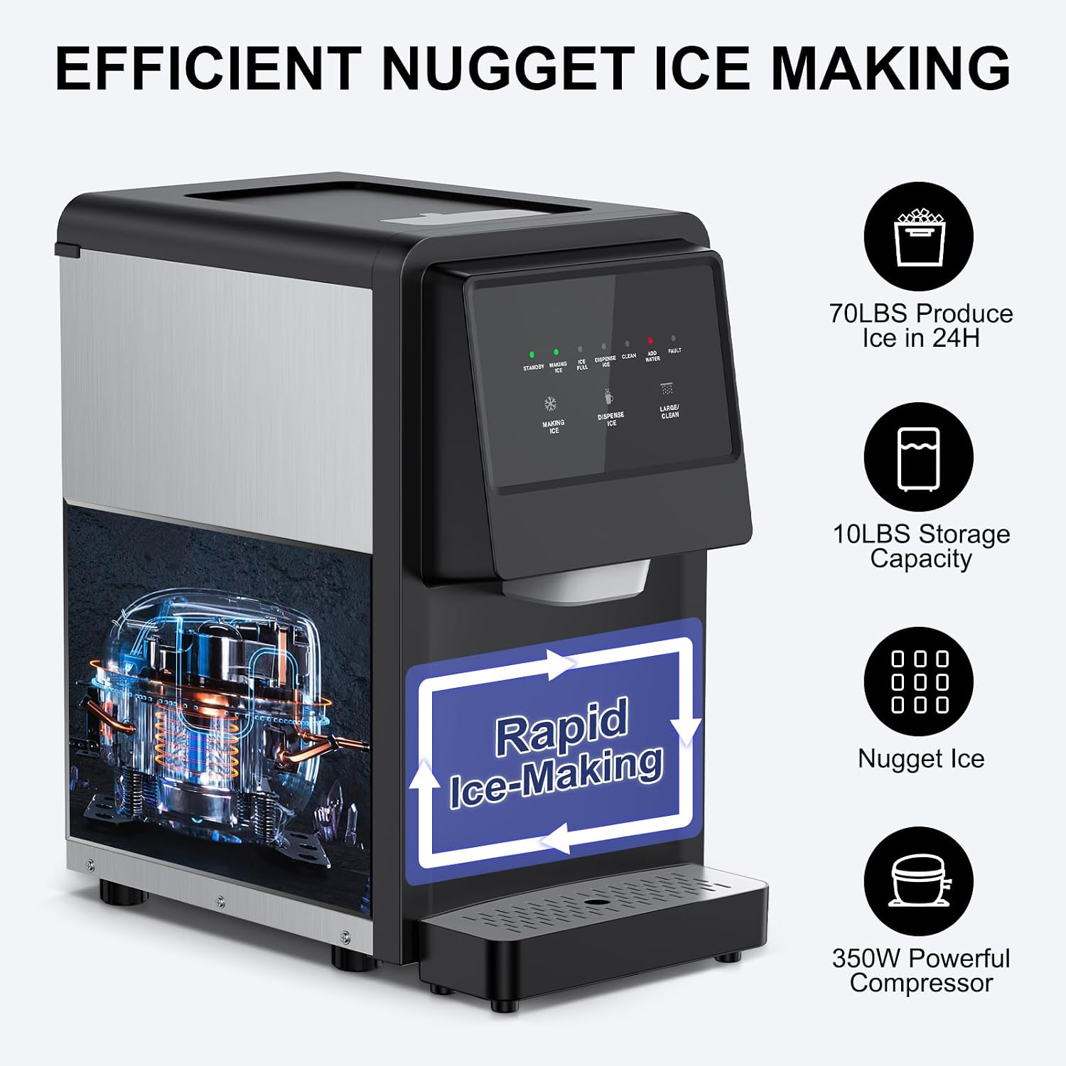 Nugget Ice Maker Countertop, Pellet Crushed Chewable Ice Cubes 70Lbs/24H Ice Dispenser Countertop Stainless Steel Ice Maker Machine with Self-Cleaning for Home Office Kitchen Party