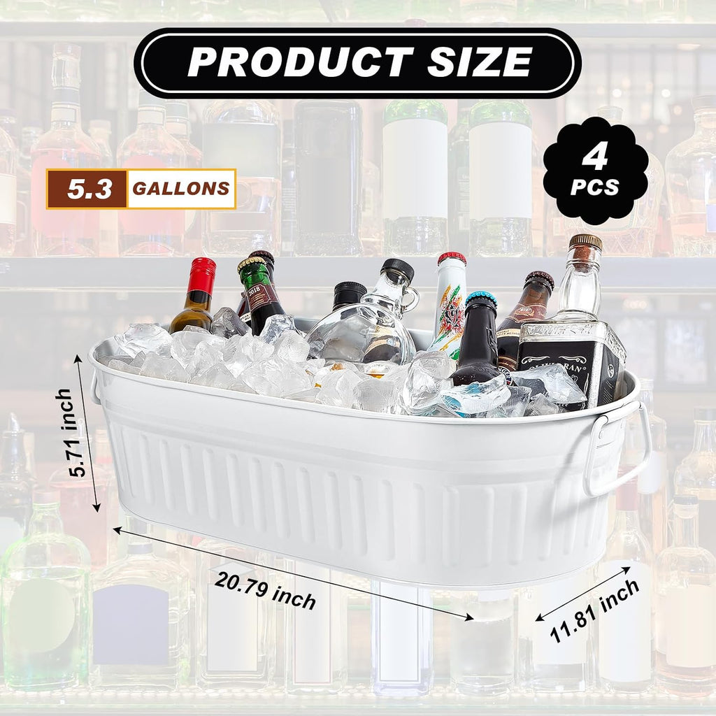 Lallisa 4 Pcs Galvanized Ice Buckets 5.3 Gallons Beverage Tub Galvanized Metal Drink Bucket Tubs for Drinks Outdoor Metal Containers Garden Planter with Handles for Parties Patio Garden Yard(White)