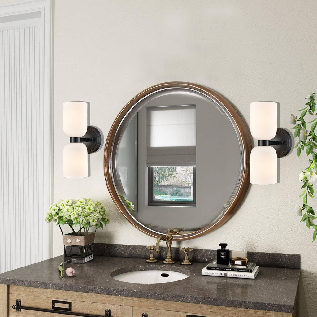 CLAXY Black Wall Sconces Set of 2 Glass Vine Shades | Milky White Glass Shade, Dual Shades Wall Lights for Bathroom Bedroom Hallway Kitchen Dimmable
