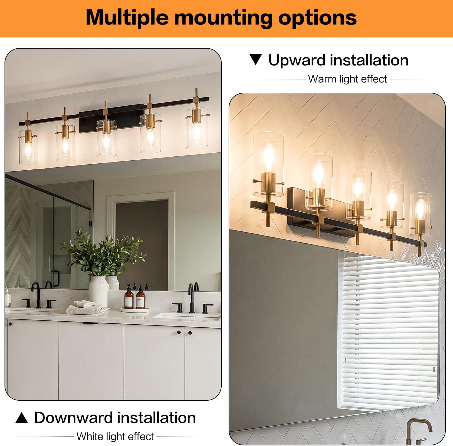 SOLFART 40.1 inch Vintage Brass Bathroom Vanity Light fixtures Bathroom Wall Lights Over Mirror with Glass Shade 5 Light