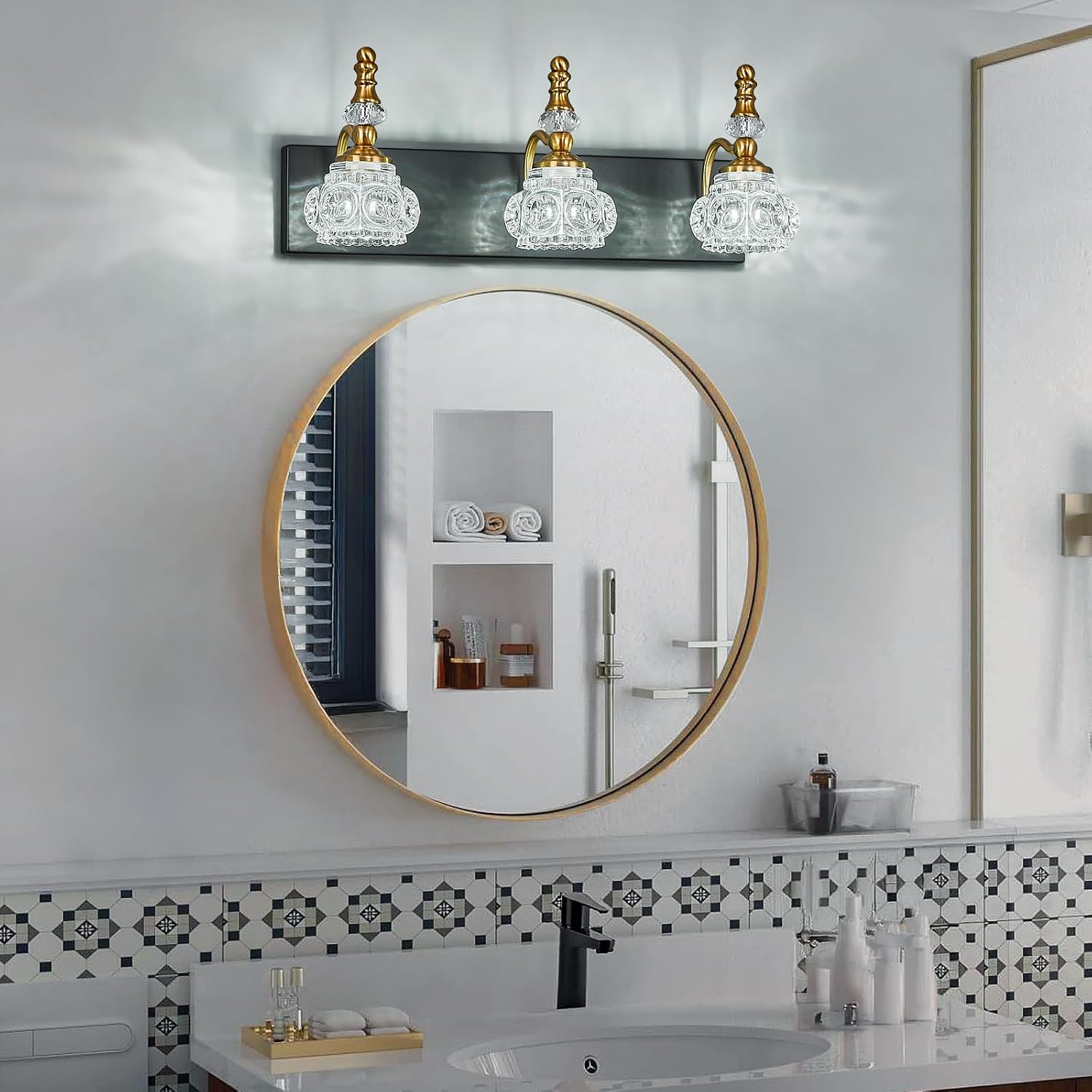 Bathroom Light Fixtures, Modern Glass Crystal Vanity Light Vintage Bathroom Lighting Fixtures Over Mirror 3 Light Vanity Lights G9 Bulb (19.68 Inch, Black Gold)