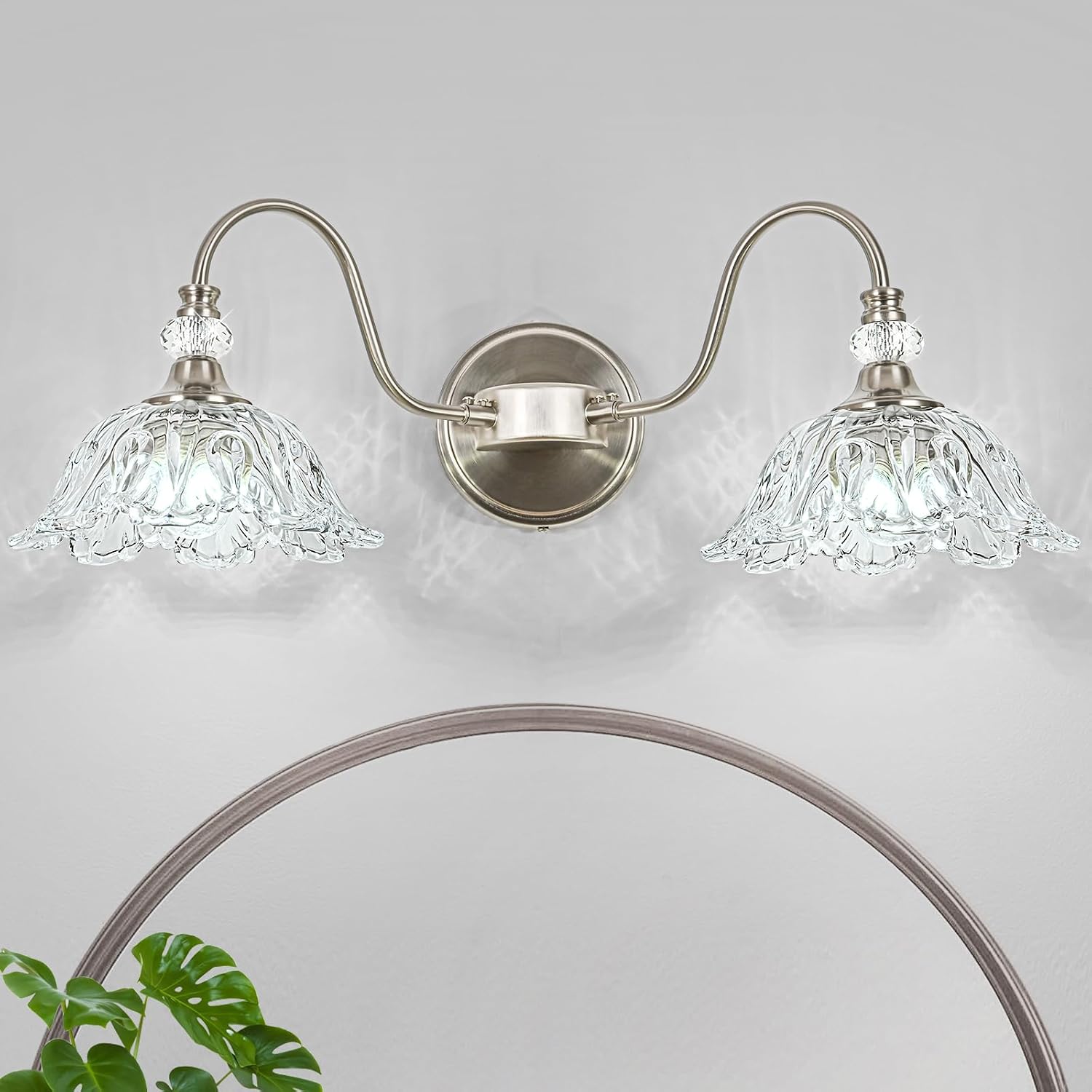 Brushed Nickel Bathroom Vanity Light, 2-Light Vanity Light with Floral Clear Glass Shades, Nickel Wall Mount Lighting for Bathroom, Dressing Table