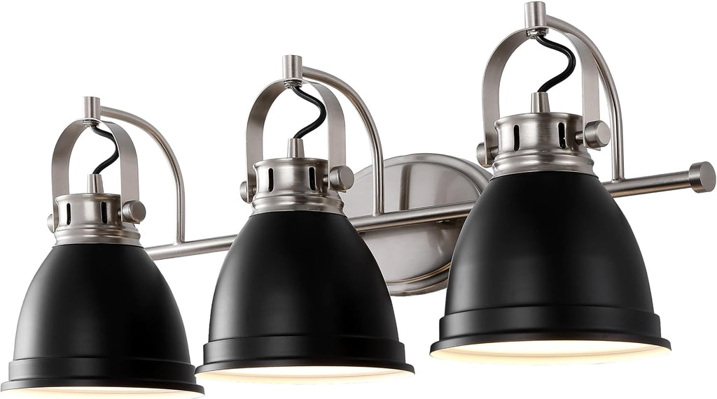 JONATHAN Y 25.5' Black/Nickel 3-Light LED Vanity Light, Adjustable Wall Sconce for Bathroom Mirror, Farmhouse Bohemian Kitchen Light, Iron Black Bell Shade (JYL1116A)