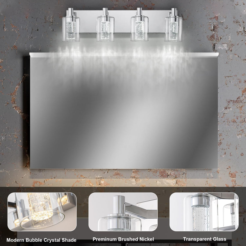 SineRise Vanity Light with 3 Color Modes (3000K/4000K/6000K), Eye Protection LED Bathroom Light Fixture, Dimmable Modern Wall Light Over Mirror with Clear Glass Shade (Chrome, 4-Light)