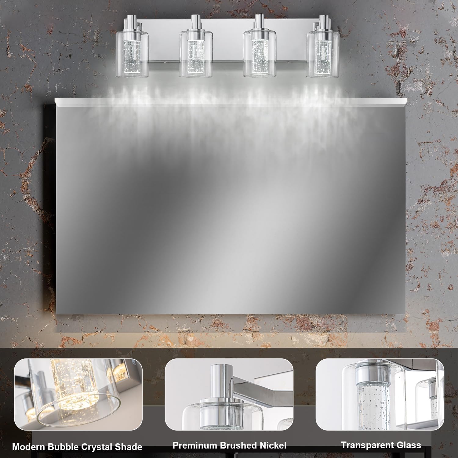 SineRise Vanity Light with 3 Color Modes (3000K/4000K/6000K), Eye Protection LED Bathroom Light Fixture, Dimmable Modern Wall Light Over Mirror with Clear Glass Shade (Chrome, 4-Light)