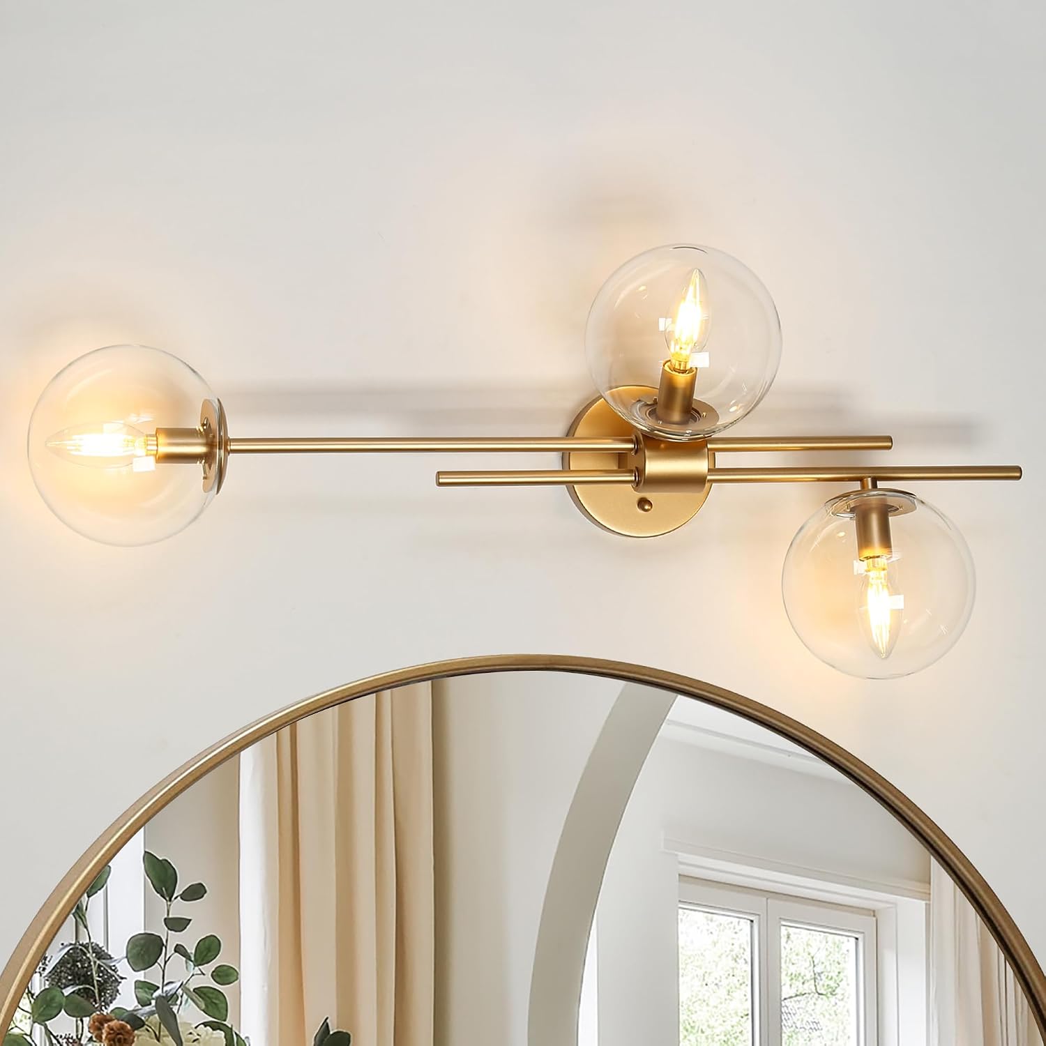 KSANA Gold Sconces Wall Lighting, Modern 3-Light Bathroom Vanity Light Fixtures with Globe Clear Glass Shade Over Mirror or Beside for Hallway, Bedroom, Living Room and Kitchen