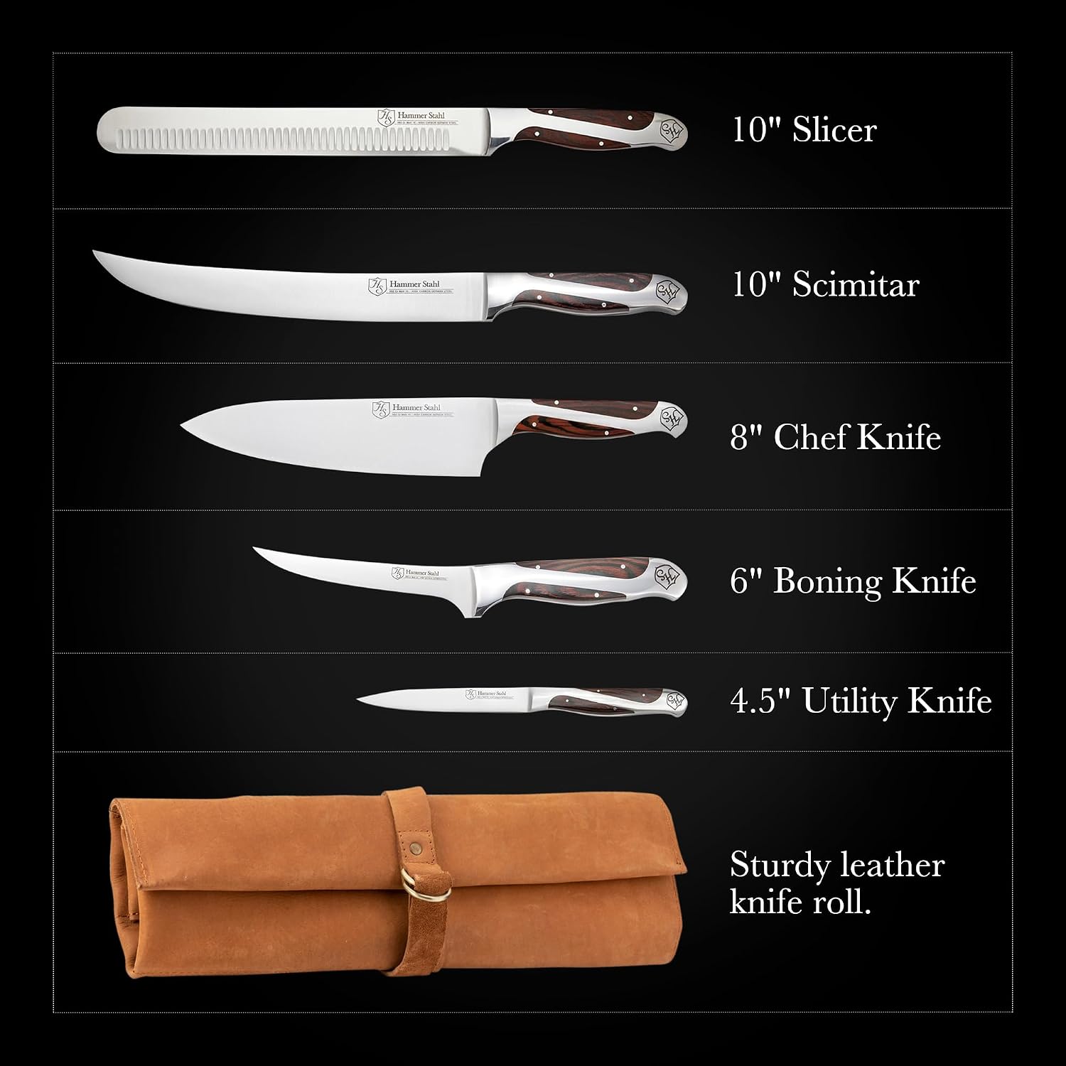 Hammer Stahl BBQ Knife Set | 5 Knives with Engraved Leather Roll | The Essential Barbecue Tools | High Carbon German Forged Stainless Steel Blades