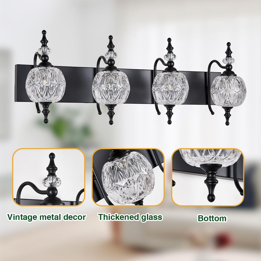 Black 4 Lights Bathroom Vanity Light Fixtures, Modern Bathroom Vanity Lights Painted Black Surface with Thick Crystal Glass Shade, Wall Sconces for Bathroom Bedroom