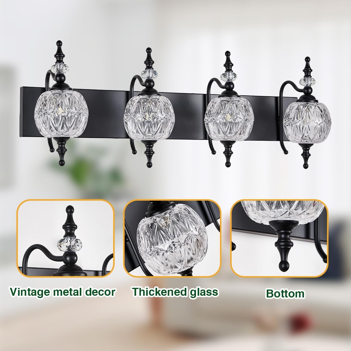 Black 4 Lights Bathroom Vanity Light Fixtures, Modern Bathroom Vanity Lights Painted Black Surface with Thick Crystal Glass Shade, Wall Sconces for Bathroom Bedroom