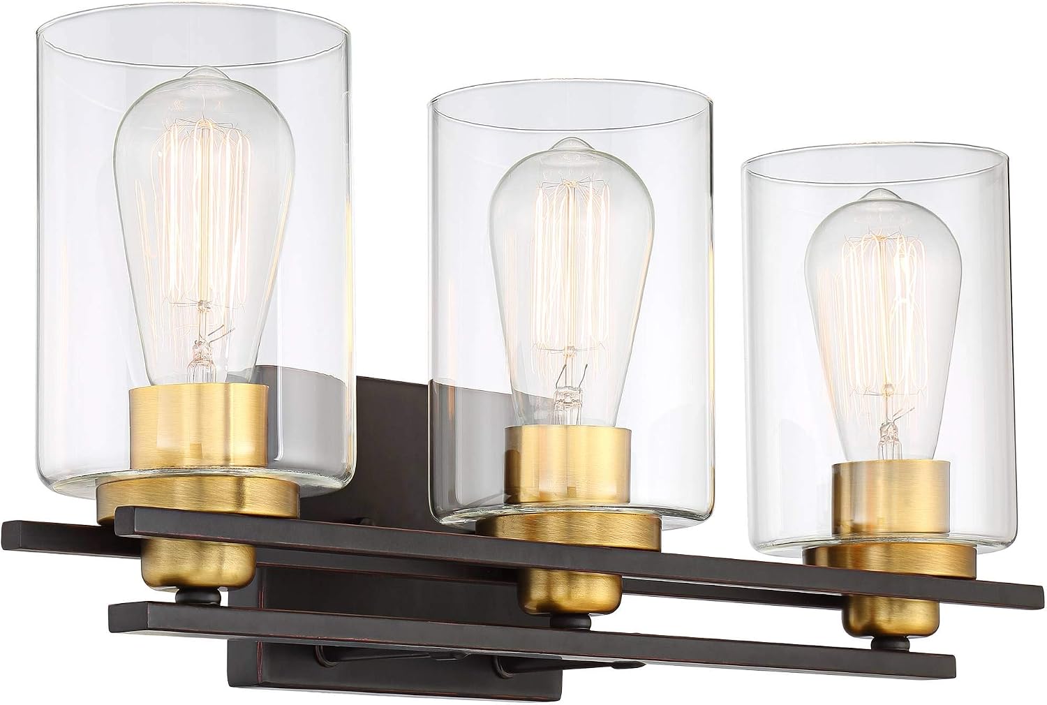 Possini Euro Design Demy Vintage Industrial Wall Mount Light Oil Rubbed Bronze Gold Hardwired 20' Wide 3-Light Fixture Clear Glass Cylinder Shade for Bathroom Vanity Mirror House Home Room Decor