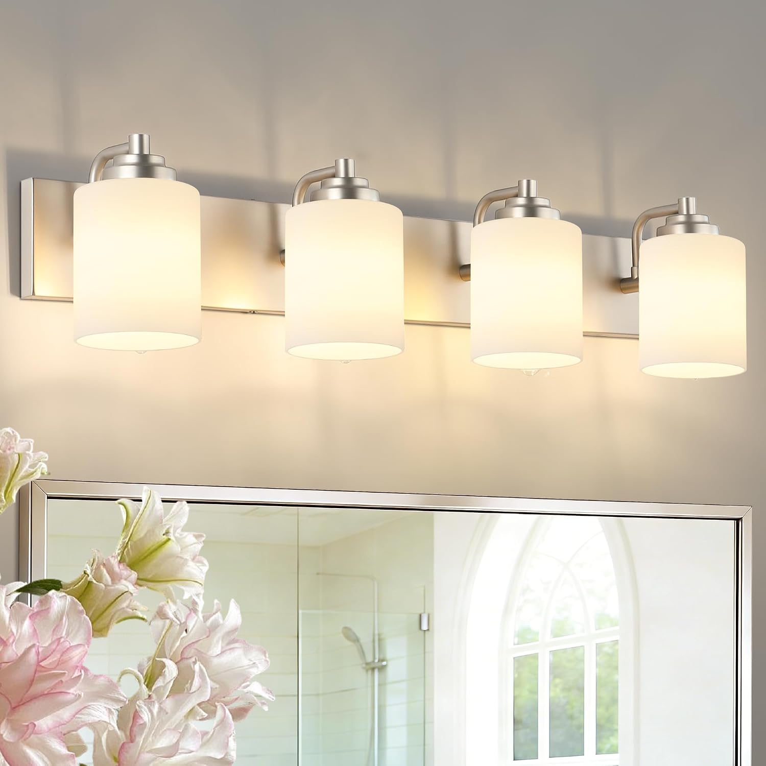 SOLFART Brushed Nickel Bathroom Vanity Light Vintage 4 Light Wall Light with Milky White Globes, 4 Lights Modern Over Mirror Lighting Fixture for Bathroom