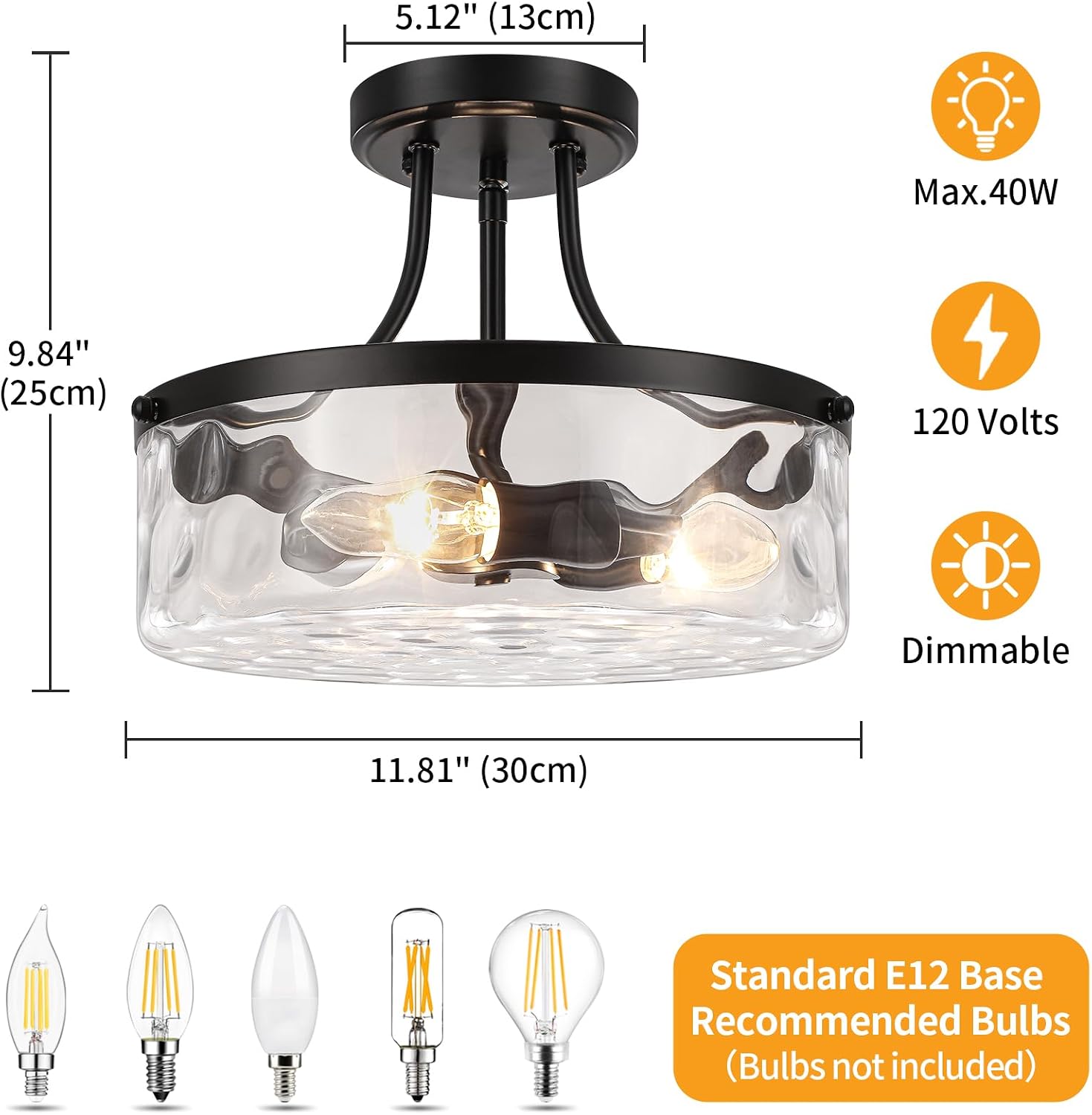 TOULMJ Black Semi Flush Mount Ceiling Light, 11.81' Hammered Glass Light Fixture, 3-Light Modern Hallway Lights Fixture for Kitchen Entryway Bedroom Foyer Laundry Dining Room