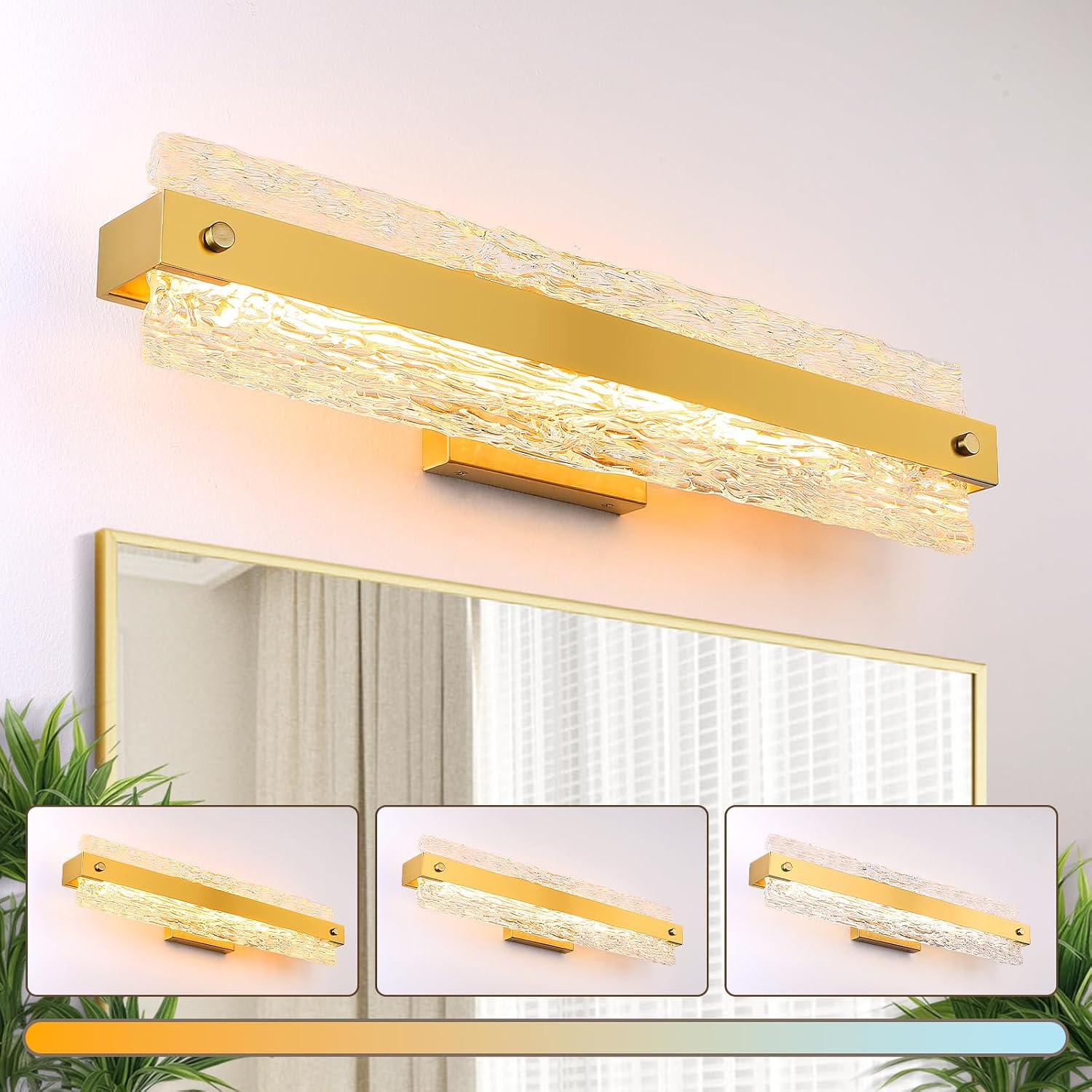 Brushed Gold LED Bathroom Vanity Light, 24.4 Inch 15W Modern Dimmable Bathroom Light Fixture Over Mirror, Crystal Bar Wall Sconce Lighting for Bath, 3CCT, OS-MM5001-3BG