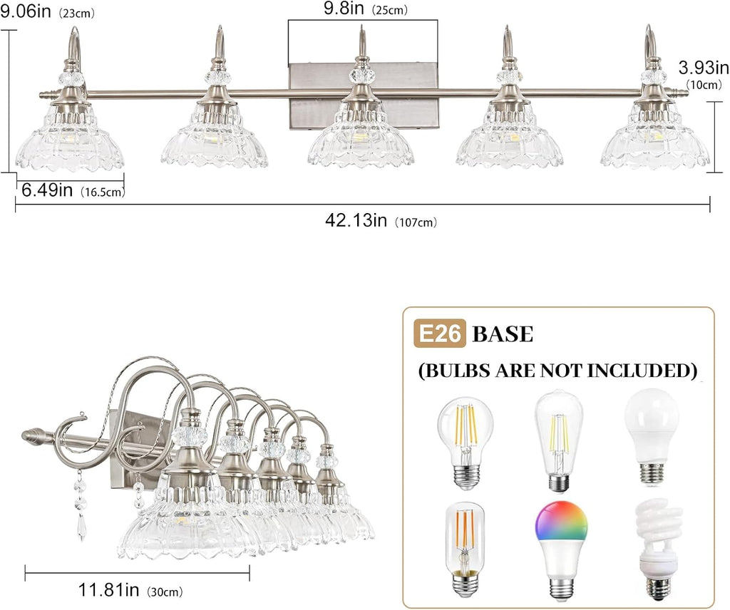 Brushed Nickel Bathroom Vanity Light, 5-Light Nickel Finish Wall Sconce with Hanging Crystal Accents and Flower-Shaped Clear Glass Shades, Modern Wall Mount Vanity Light Over Mirror for Bathroom
