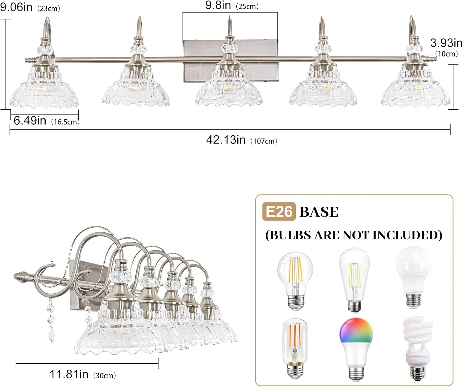 Brushed Nickel Bathroom Vanity Light, 5-Light Nickel Finish Wall Sconce with Hanging Crystal Accents and Flower-Shaped Clear Glass Shades, Modern Wall Mount Vanity Light Over Mirror for Bathroom
