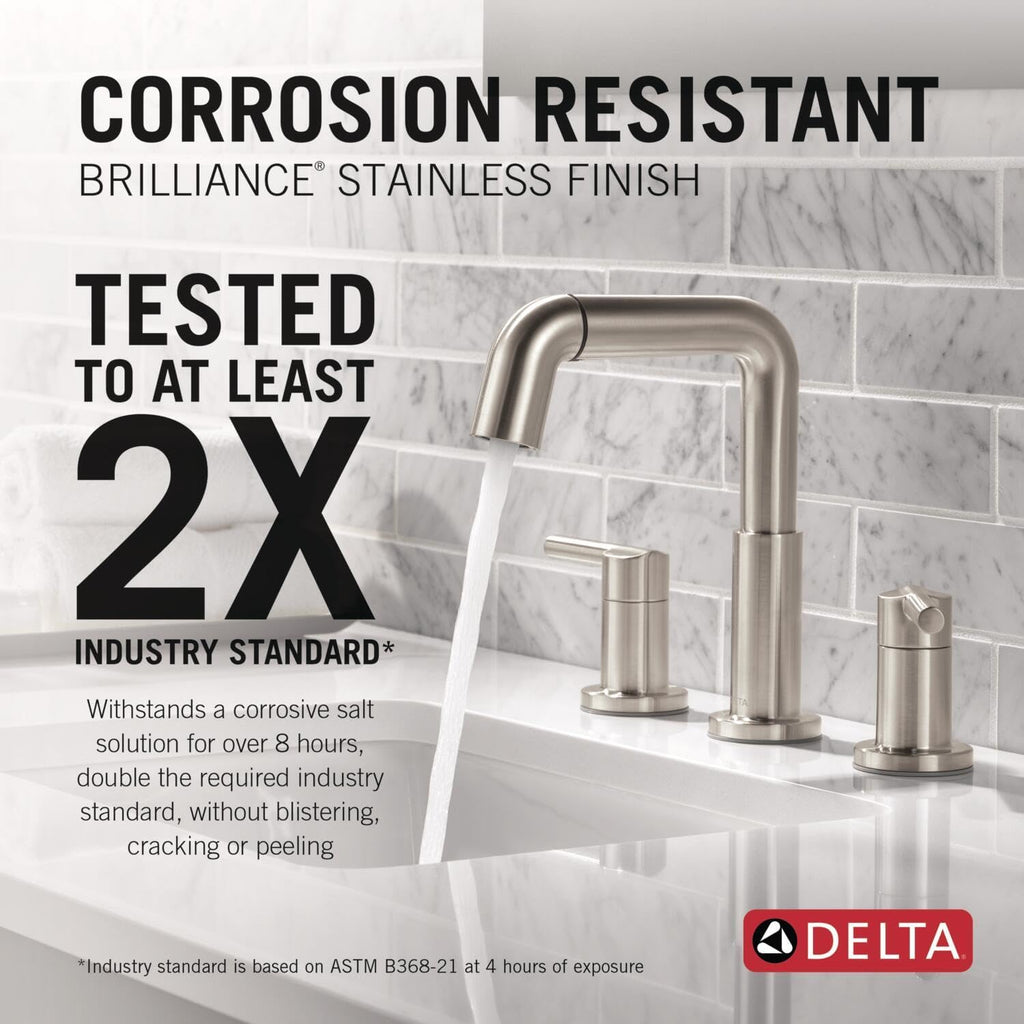 Delta Nicoli Brushed Nickel Bathroom Faucet with Sprayer, 8 Inch 3 Hole Widespread Bathroom Sink Faucet with Pull Out Sprayer, Push-Pop Drain, Stainless 35849LF-SSPD