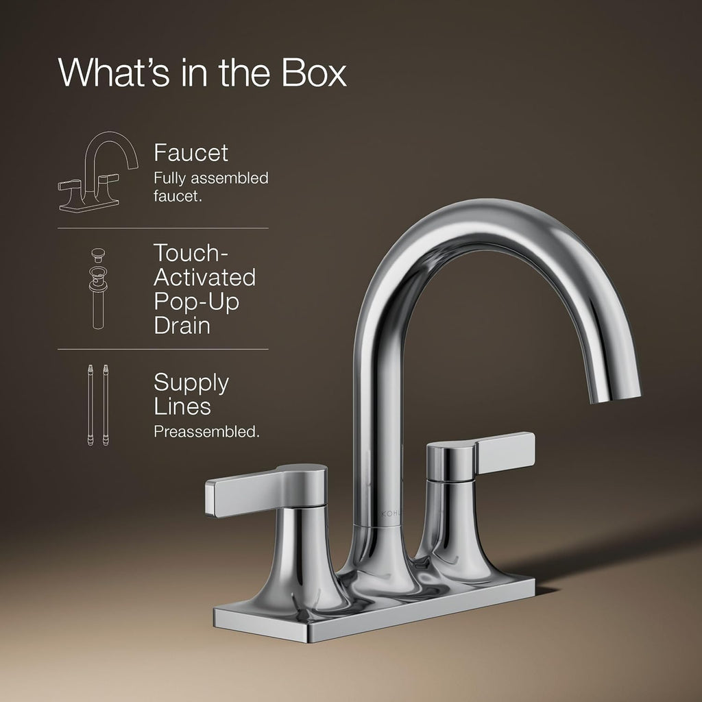 KOHLER K-28124-4-CP Venza® Centerset Bathroom Sink Faucet, 3-Hole, 1.2 GPM, Easy Installation, Corrosion Resistant, Polished Chrome