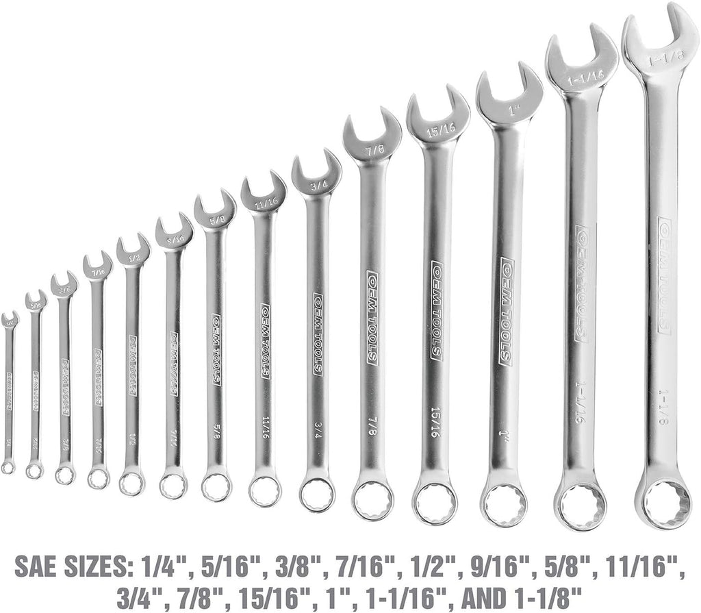 OEMTOOLS 23993 14PC Combo Wrench Set, SAE Wrench Set 1/4'-1-1/8', Posi Grip Wrenches, Heat Treated Steel Open End, Foam EVA Tray Wrench Holder