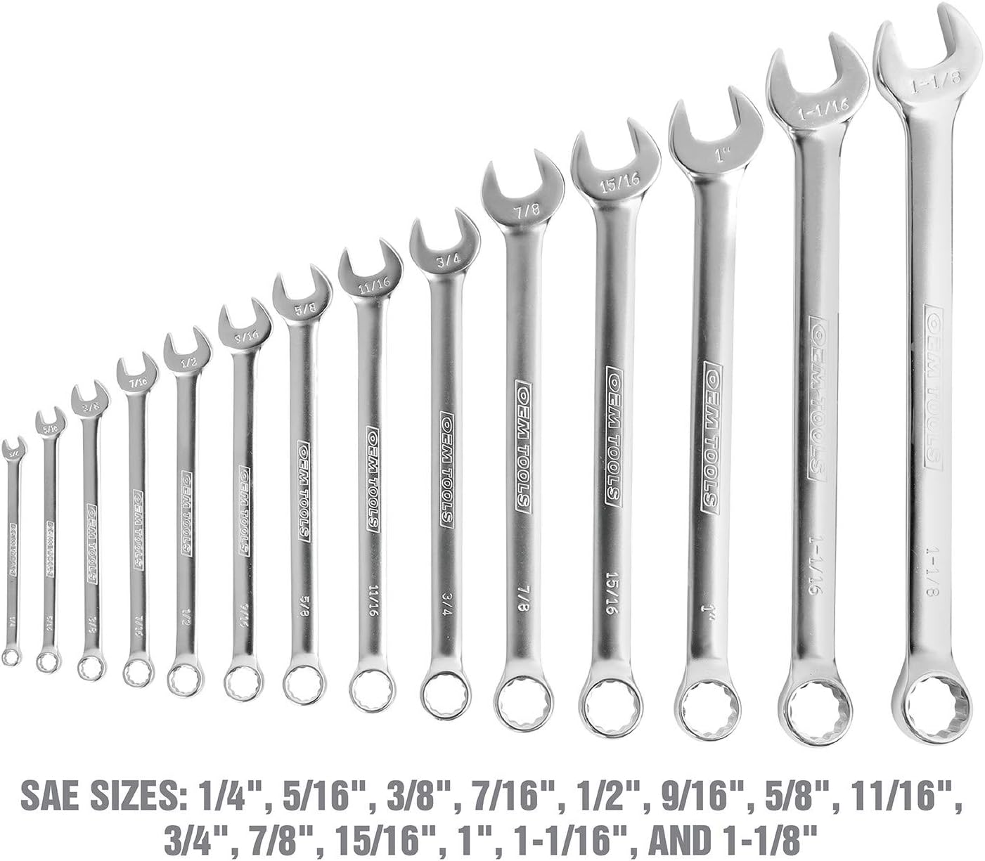 OEMTOOLS 23993 14PC Combo Wrench Set, SAE Wrench Set 1/4'-1-1/8', Posi Grip Wrenches, Heat Treated Steel Open End, Foam EVA Tray Wrench Holder