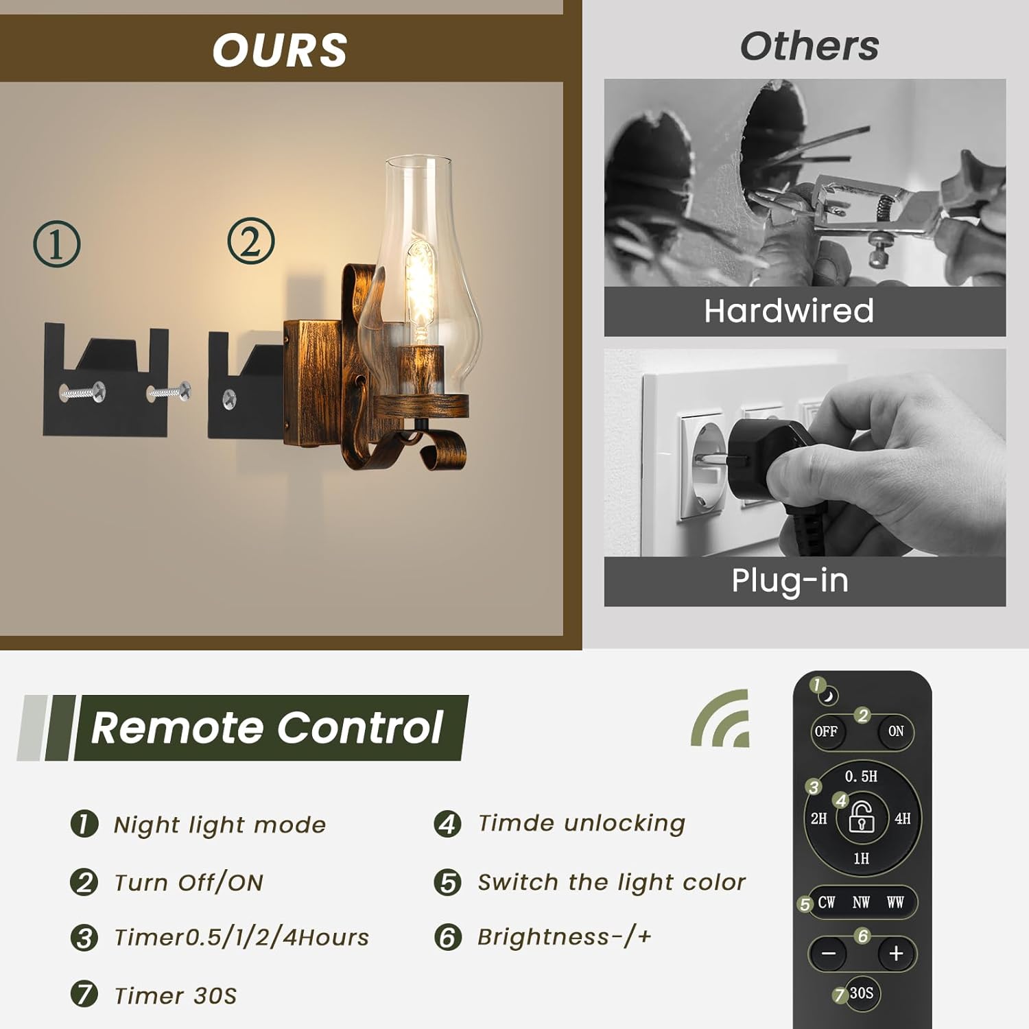 Battery Operated Wall Sconces, Rustic Wall Lights Sets of 2, Non-Hardwired Antique Kerosene Wall Lamps, Vintage Bedside Gold Wall Sconces with Remote for Living Room, Bedroom, Hallway etc