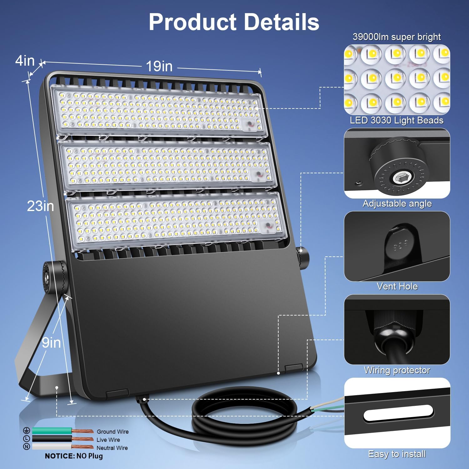 Outdoor LED Stadium Flood Lights 2400W Equivalent Super Bright 52200LM Wall Mount 360W Parking lot Commercial Lighting for Basketball Court, Arena, Barn 5500K 85-277V Waterproof Yard lamp