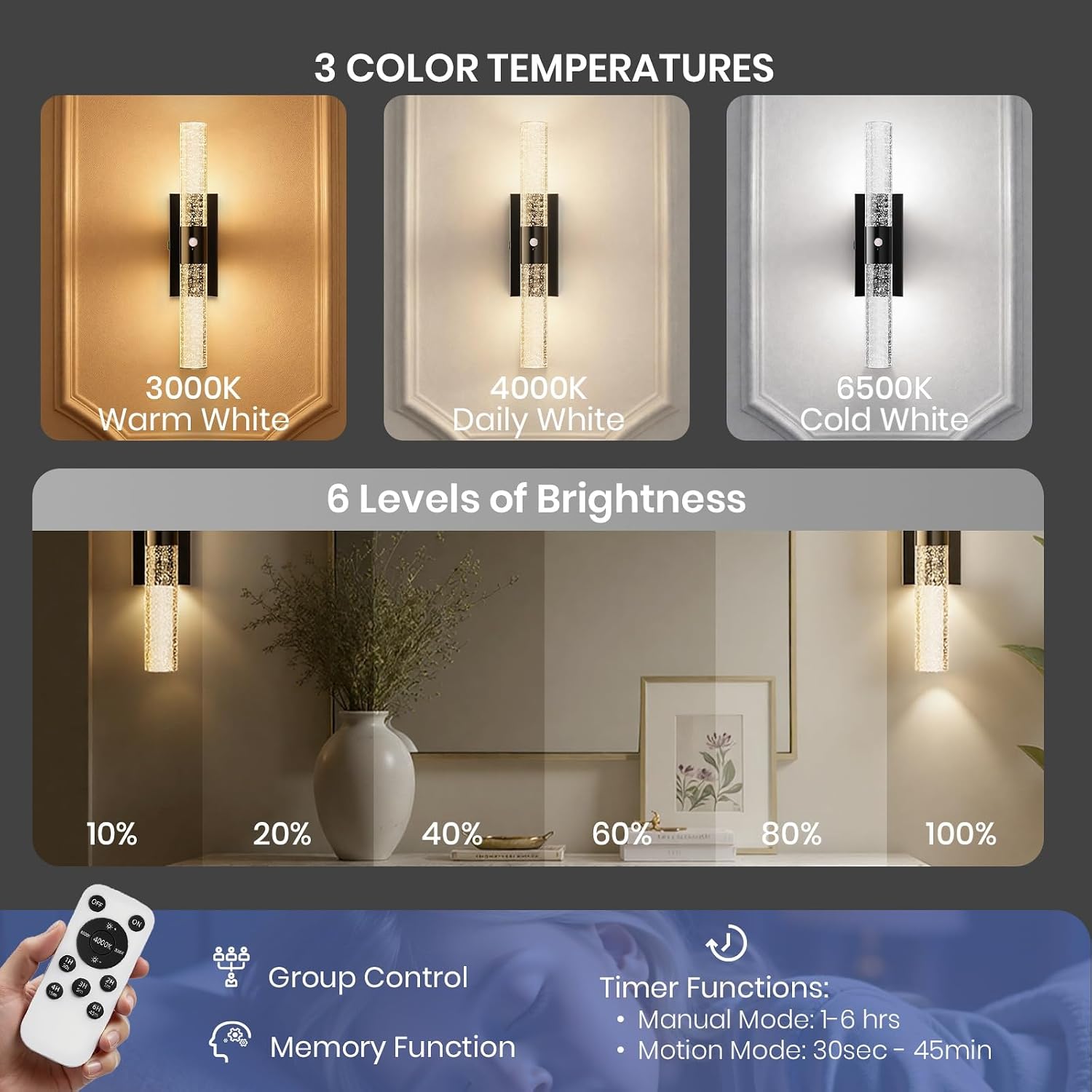 IRONPAX Wall Sconces Battery Operated Set of 2, Wireless Rechargeable Wall Sconce Set of Two, Dimmable Wall Lights with Remote for Bedroom Living Room Hallway Decor (Satin Black, Bubble Crystal)