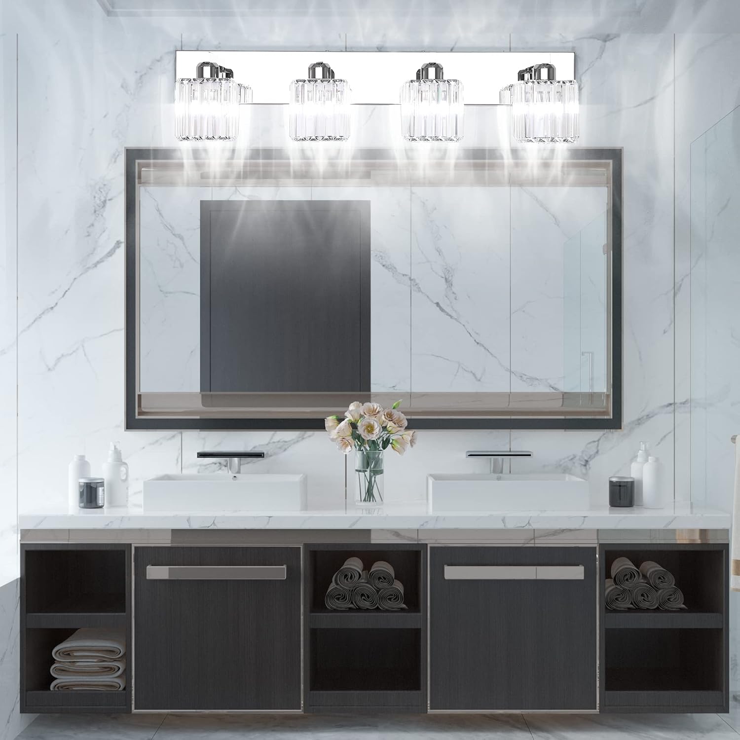 Aipsun Bathroom Light Fixtures Crystal Modern Vanity Lighting Fixtures 4 Light Chrome Bathroom Vanity Light (Exclude Bulb)