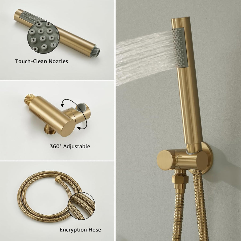 Iriber Brushed Gold Ceiling Mount Round Rain Shower System with 12 Inch Shower Head and Handheld Bathroom Golden Shower Set Contain Shower Faucet Mixer Trim Kit (Valve Included)