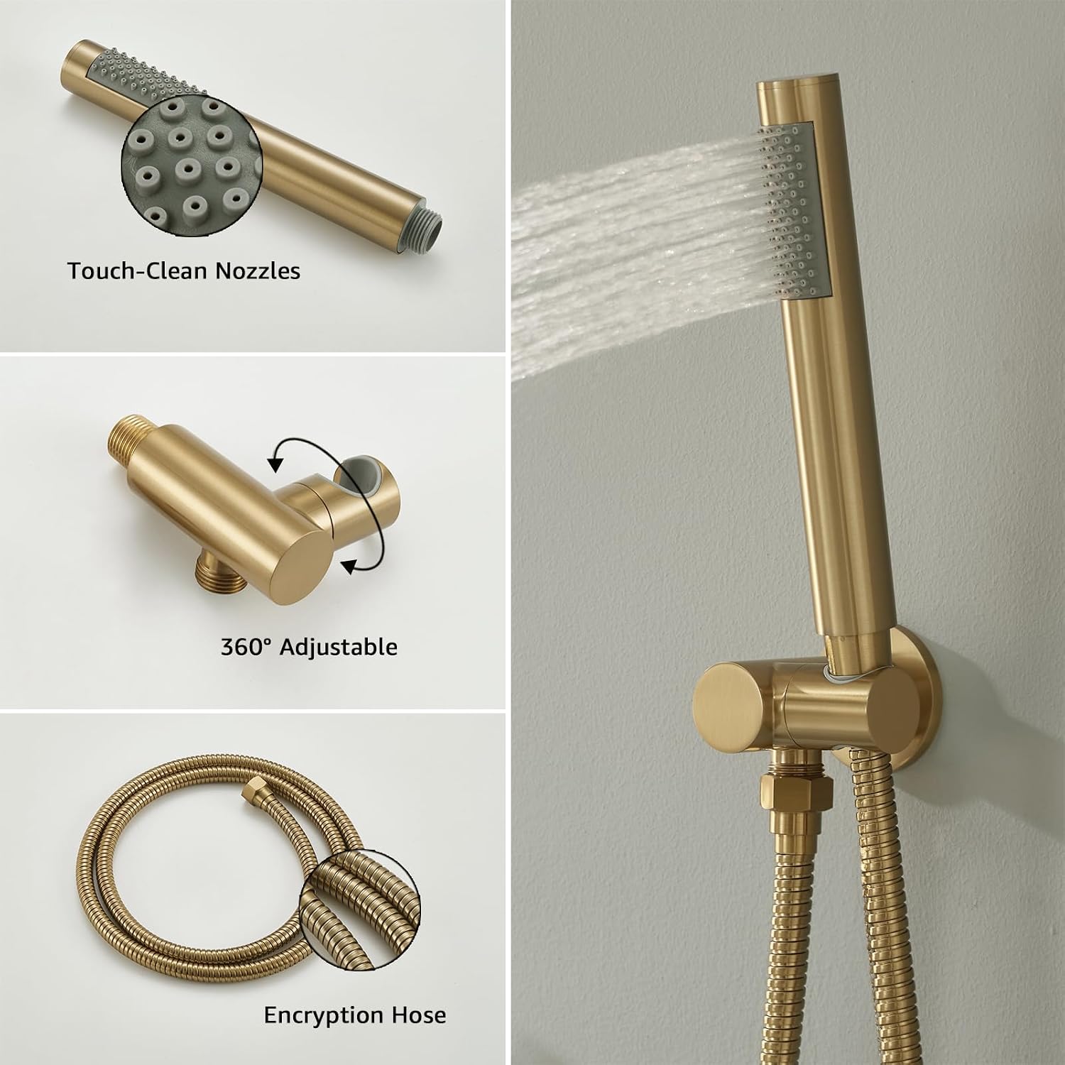 Iriber Brushed Gold Ceiling Mount Round Rain Shower System with 12 Inch Shower Head and Handheld Bathroom Golden Shower Set Contain Shower Faucet Mixer Trim Kit (Valve Included)