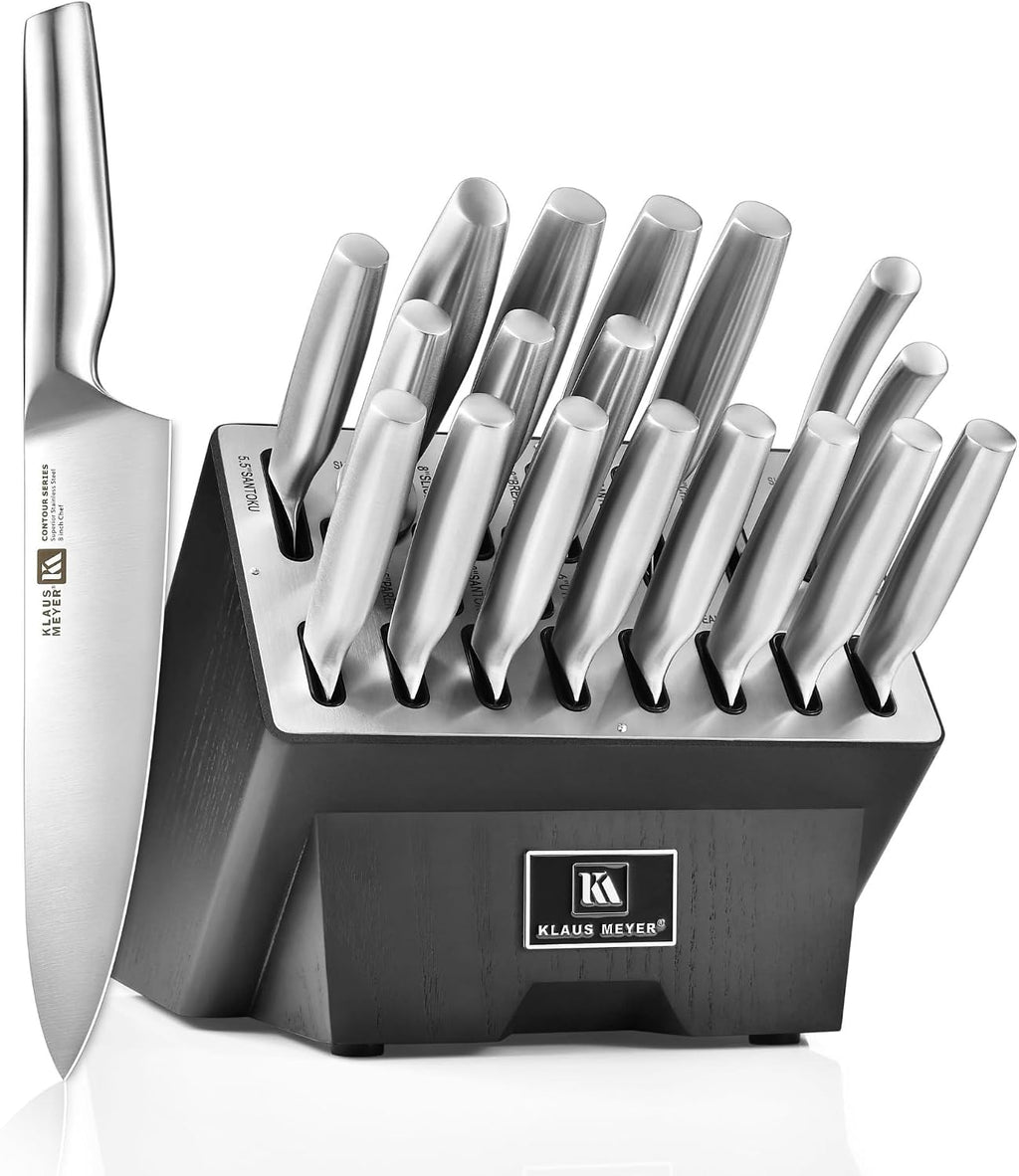 Klaus Meyer 19 Piece Contour High Carbon Stainless Steel Kitchen Knife Set with Knife Sharpener Non-Slip Handles Knife Set with Block