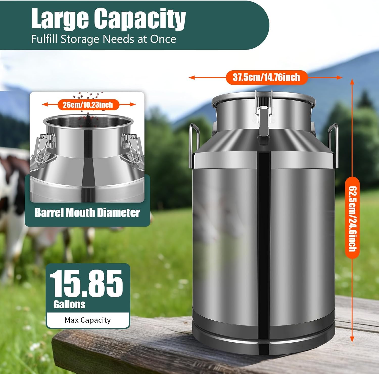 16 Gallon Stainless Steel Milk Can 60L Milk Jug | Food-grade Stainless Steel Container, Milk Bucket, Water Jug, Silicone Sealed Lid, Heavy Duty