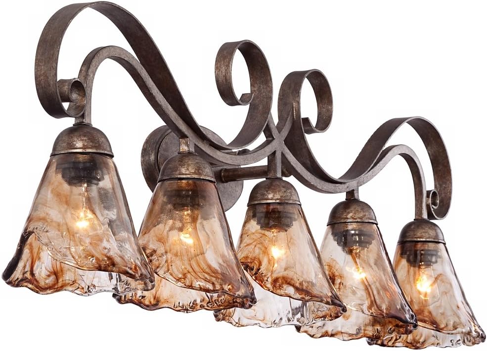 Franklin Iron Works Amber Scroll Rustic Vintage Wall Mount Light Golden Bronze Silver Metal 37 1/4' Wide 5-Light Vanity Fixture Organic Art Glass Shades Decor for Bathroom Over Mirror House Home