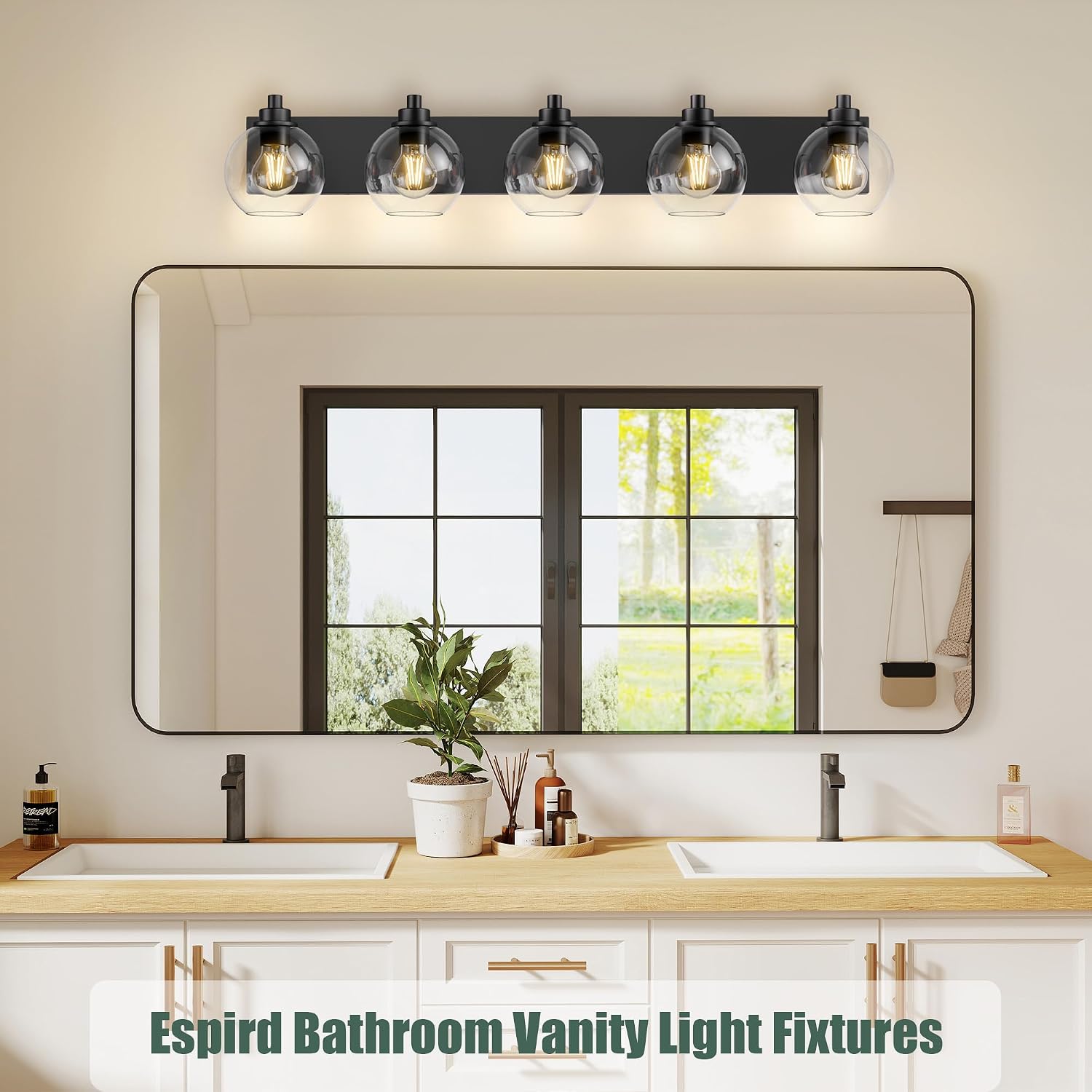5 Light Bathroom Light Fixtures-Matte Black Bathroom Vanity Lights, Modern Vanity Lights 5-Light Bathroom Lighting Fixtures Over Mirror with Clear Glass Globe Shade