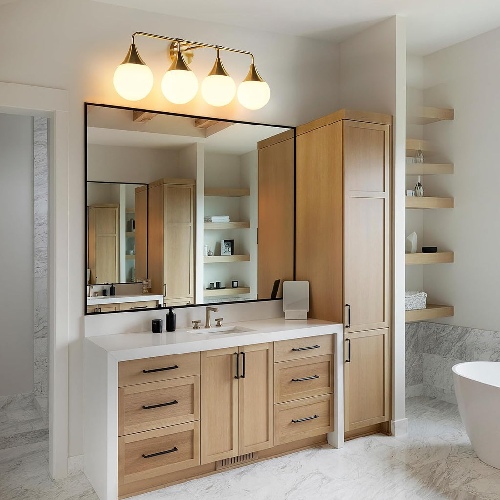 Bathroom Vanity Light Fixtures: 4 Lights Mid Century Modern Bathroom Lighting Fixtures Over Mirrors - Brass Gold Wall Sconce with Milky Glass Ball Shades for Bath Bedroom