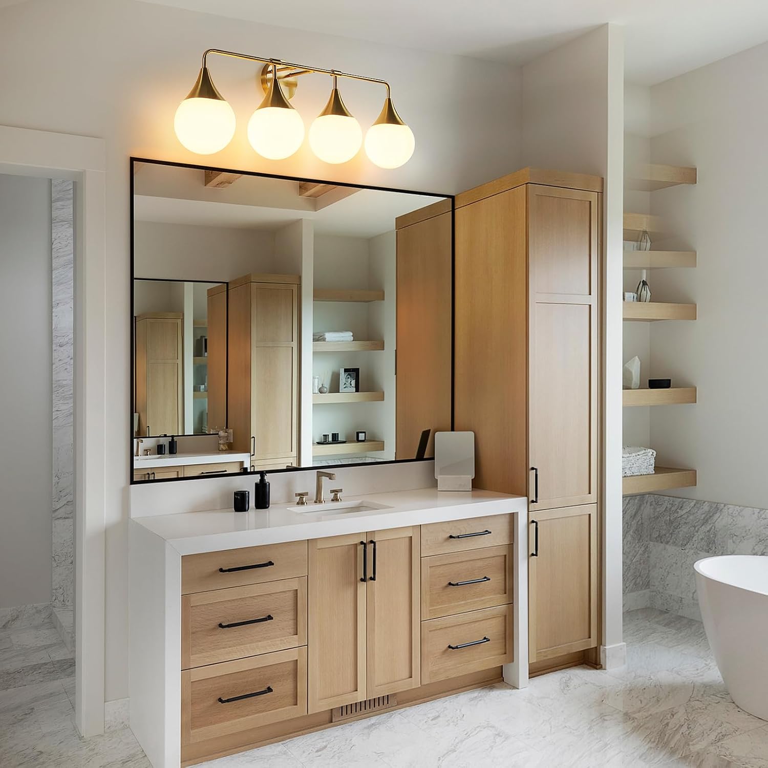Bathroom Vanity Light Fixtures: 4 Lights Mid Century Modern Bathroom Lighting Fixtures Over Mirrors - Brass Gold Wall Sconce with Milky Glass Ball Shades for Bath Bedroom