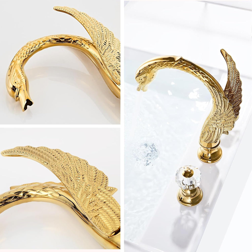 Golden Ornate Swan Style Bathroom Sink Faucet Combo Deck Mount Sink Mixer Tap Set Hot Cold Water