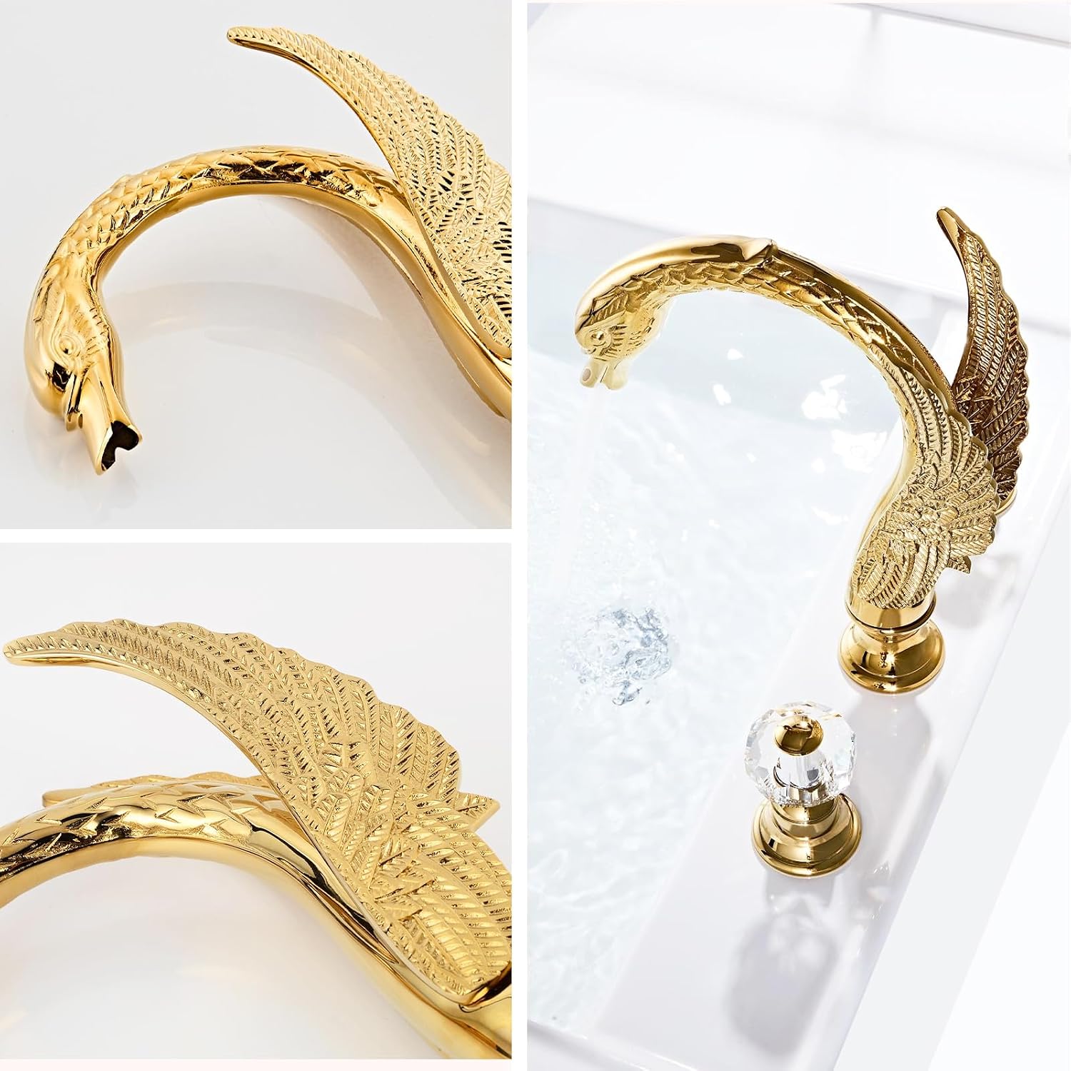 Golden Ornate Swan Style Bathroom Sink Faucet Combo Deck Mount Sink Mixer Tap Set Hot Cold Water