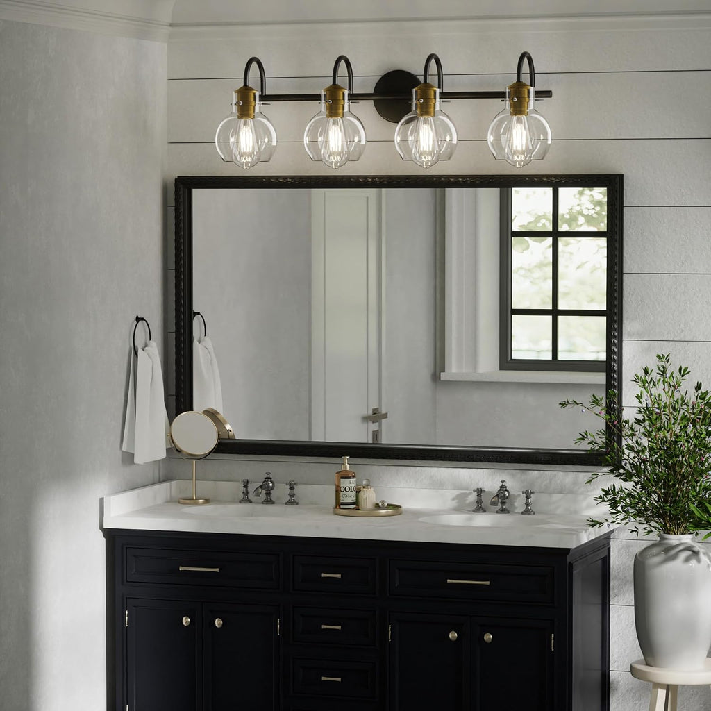 4 Light Bathroom Light, Brushed Gold and Black Vanity Lighting Fixtures, Bathroom Wall Mounted Sconces Vanity Lights Over Mirror with Globel Glass Shade, E26 Base