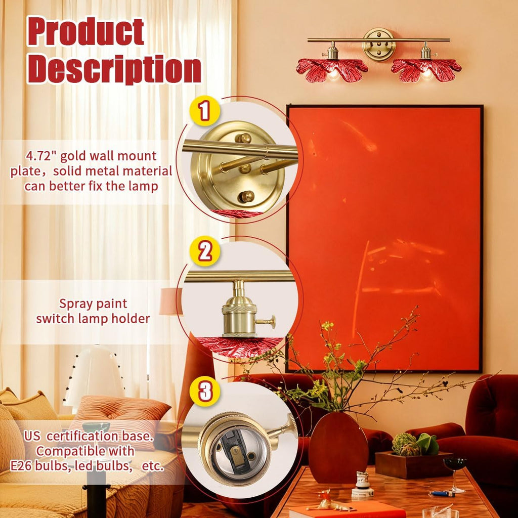 2-Light Red Floral Wall Sconce Mid Century Antique Gold Bathroom Vanity Light with Metal Base, Wall Lighting Fixture Over Mirror for Living Room Bedroom Hallway