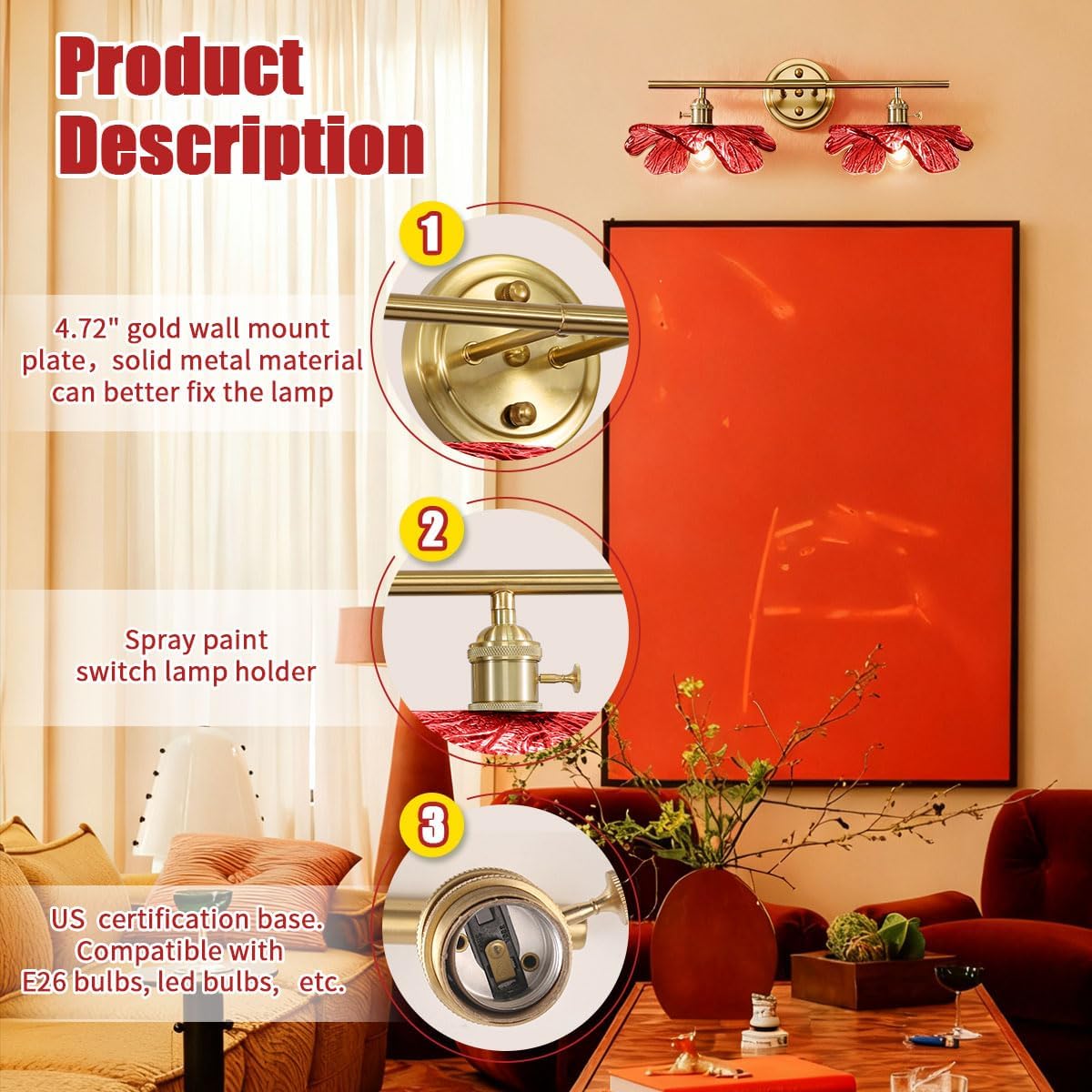 2-Light Red Floral Wall Sconce Mid Century Antique Gold Bathroom Vanity Light with Metal Base, Wall Lighting Fixture Over Mirror for Living Room Bedroom Hallway