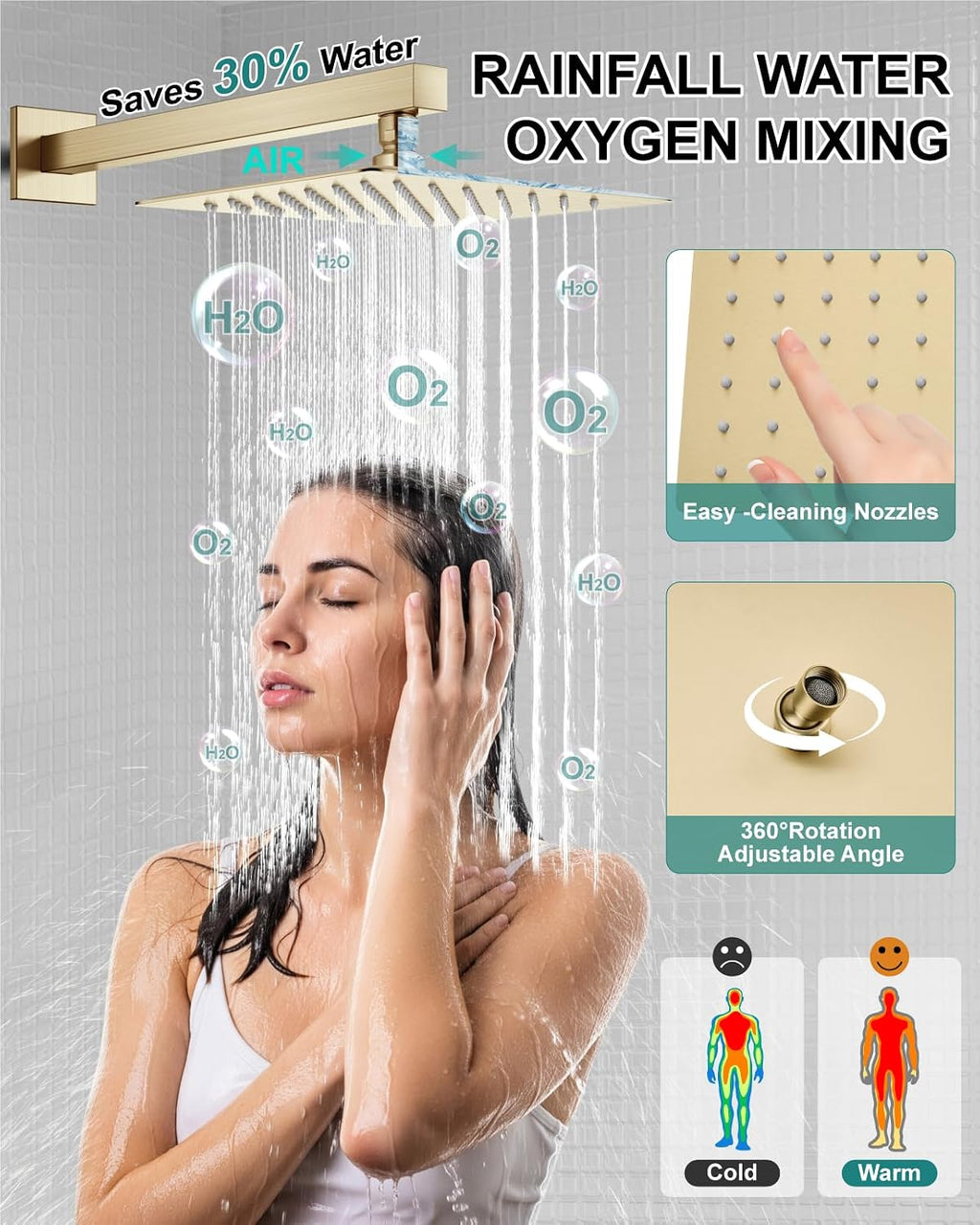 Shower Faucet Set Rainfall Shower System with Square Showerhead and Handle Set Fixture with 2 in 1 Function Handheld Sprayer Wall Mounted Trim Repair Kit Rough-in Valve 8 Inch Brushed Gold