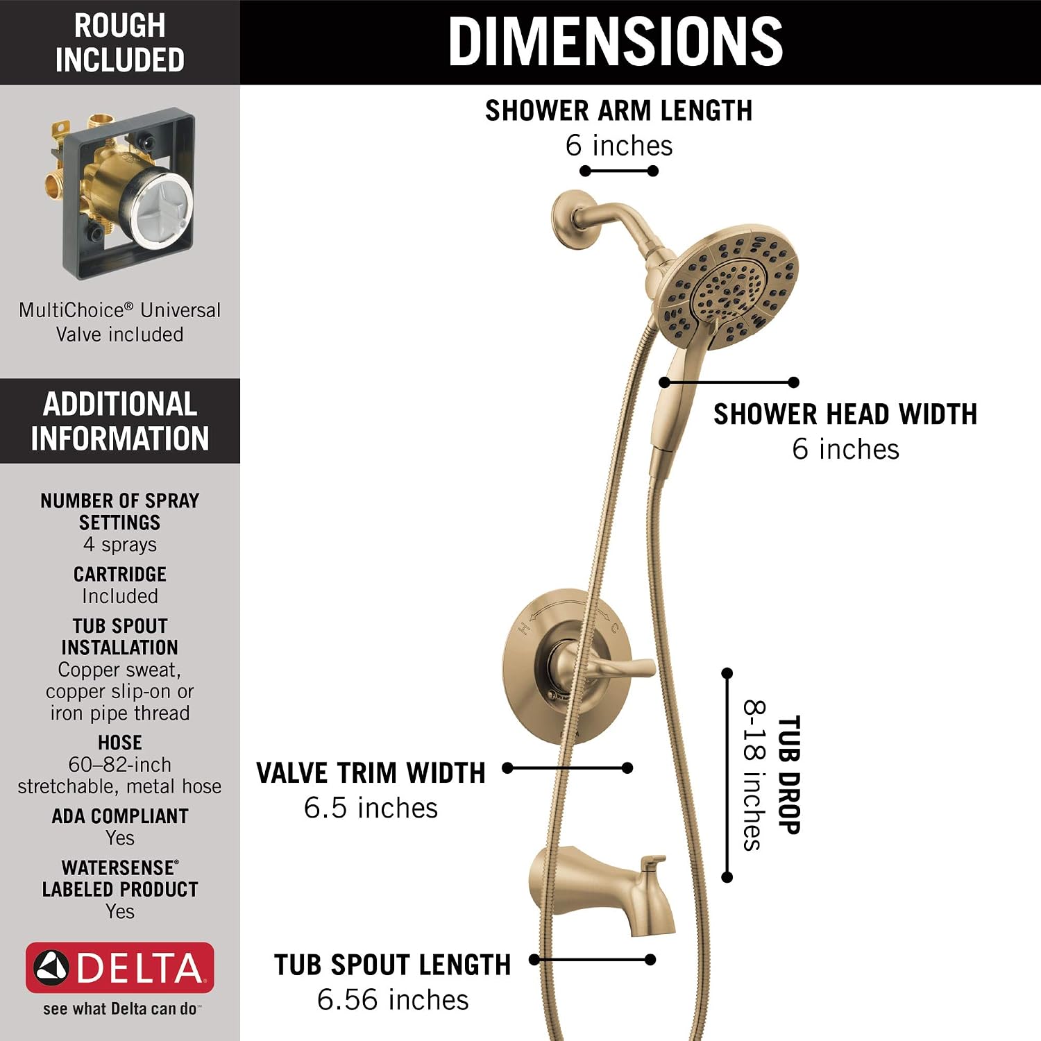 Delta Arvo 14 Series Brushed Gold Bathtub Shower Faucet Set with In2ition 2-in-1 Dual Shower Head with Handheld Spray Combo, Valve Trim Kit, Champagne Bronze 144840-CZ-I (Valve Included)